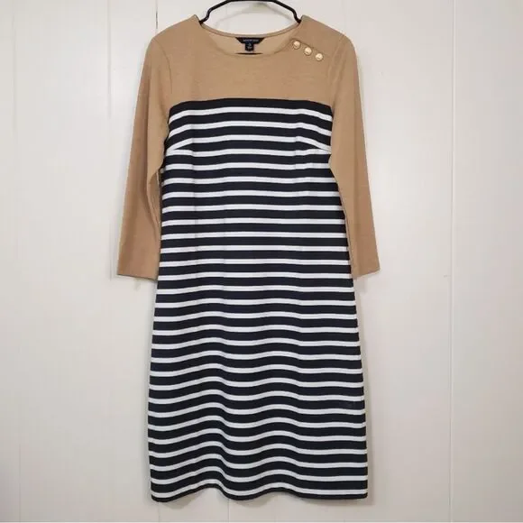 Lands End Striped three-quarter sleeve, navy tan cream colors size 6-8 - Picture 2 of 9